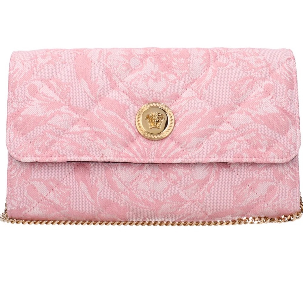 Versace Pink Patterned Clutch with Gold Accent